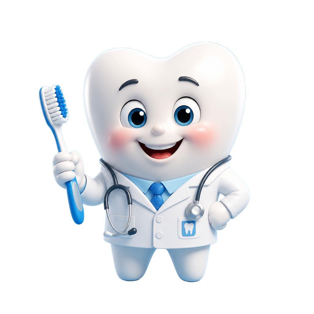 Friendly 3D tooth mascot wearing a dentist coat and holding a toothbrush